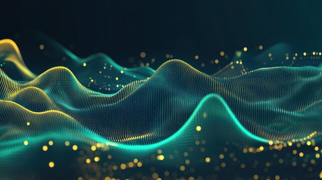 Wavy, glowing teal & yellow particulate landscape on dark background