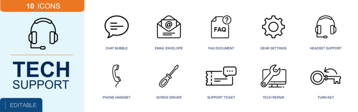 Tech support icon set. Containing chat bubble, email envelope, FAQ, settings gear, headset support, phone, screwdriver, service ticket, repair monitor and more. Solid fill vector icons.