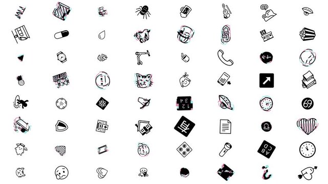 Doodle Icon Grid Pattern with Glitch Effect on White Background, Pictogram Symbol Set with Chromatic Aberration, Animated Icon Collage Motion Graphics Seamless Loop, 4K
