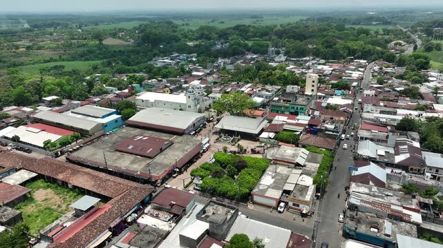 Orbit Drone Shot Around Central Park of Cuyotenango, Suchitep&eacute;quez, Guatemala