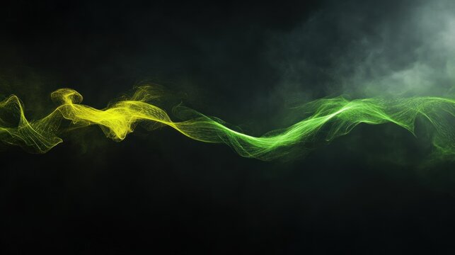 Wavy, nebulous yellow-green particle stream on black, with dark smoky background