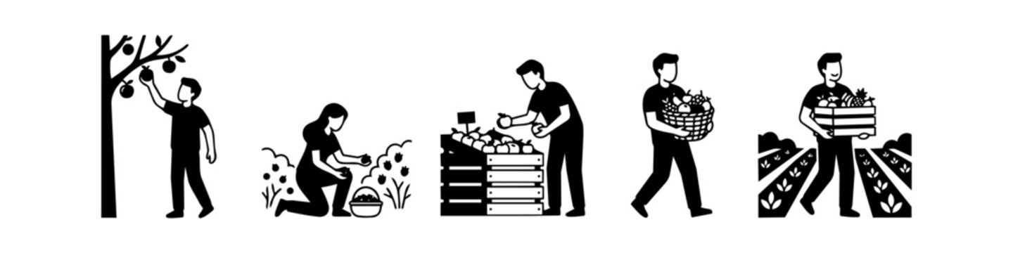 Set of minimalist black and white icons depicting farmers harvesting fruit from trees and bushes, carrying baskets and crates of fresh produce, and selling at a market.