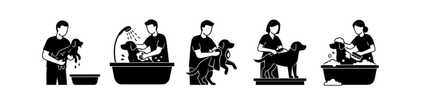 Vector silhouette icon set of people bathing, drying, and brushing dogs. A collection illustrating professional or home pet grooming steps for canine hygiene, health, and wellness.