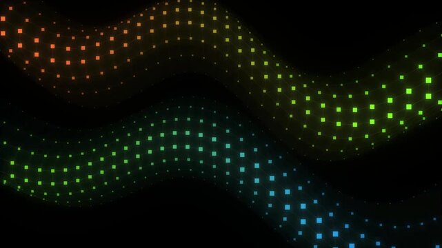 Abstract Rainbow Gradient Glowing Pixel Square Wave Pattern on Black Background, Colorful Neon Wireframe Surface, Multicolor Wavy Particle Animation Motion Graphics Seamless Loop, 4K