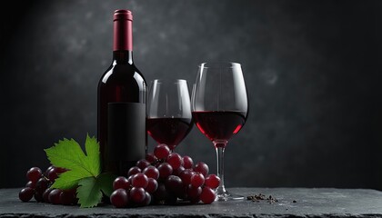Naklejka premium Bottle of red wine sits near two full glasses and fresh grape clusters on dark slate surface. A green leaf adds natural touch to static scene. Black background emphasizes deep red beverage.