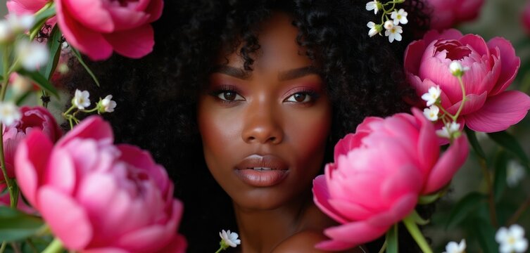 Beautiful black woman with afro hair in pink flowers. Natural makeup highlights her face. Rich peonies and small white blossoms frame her serene expression. She embodies grace and blooming femininity.