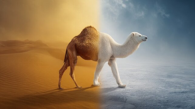 Camel with split colors standing in contrasting desert and sky scenes