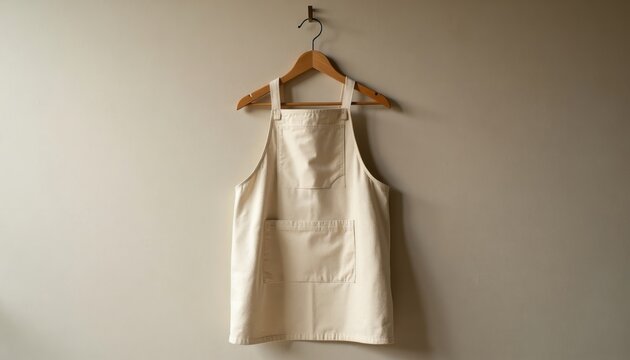 Beige canvas apron hangs on wooden hanger against neutral wall. Minimalist garment for cooking baking food prep. Clean textile ready for branding or use. Simple kitchen wear.