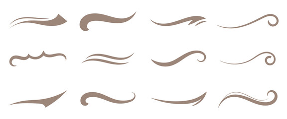 Swoosh and swash typography tails shape. Underline retro swoop wave line for athletic tshirt. Vector strockes set. Vector black sport tails. Swoosh silhouette elements for baseball, football or athlet © RadheK 