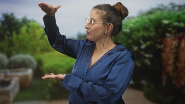 Woman brunette with glasses and bun presenting hands palm up and palm down, smiling in a building courtyard wearing a blue blouse and standing by potted plants; contentment.