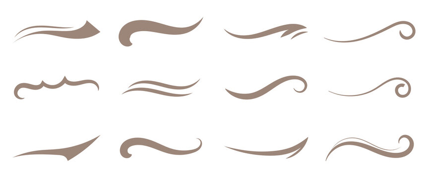 Swoosh and swash typography tails shape. Underline retro swoop wave line for athletic tshirt. Vector strockes set. Vector black sport tails. Swoosh silhouette elements for baseball, football or athlet