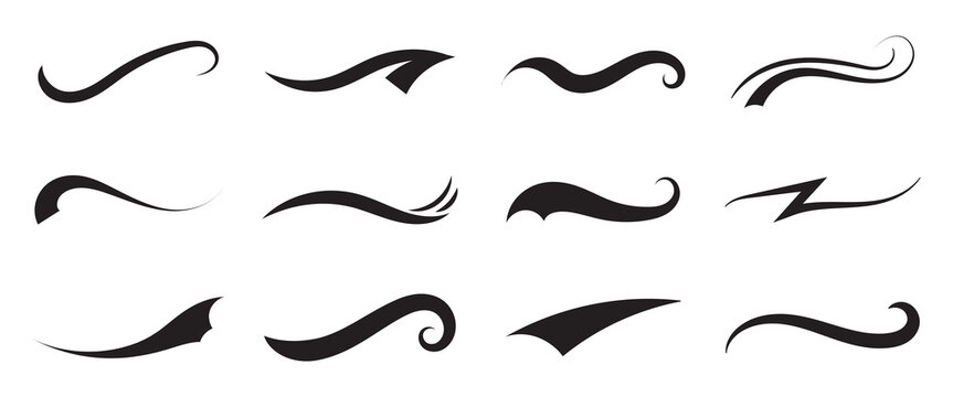 Swoosh tails collection, featuring retro sports underline black curly shapes, baseball text tails, and vector swooshes isolated on white background. Vintage swish shapes and brush strokes. Eps10 