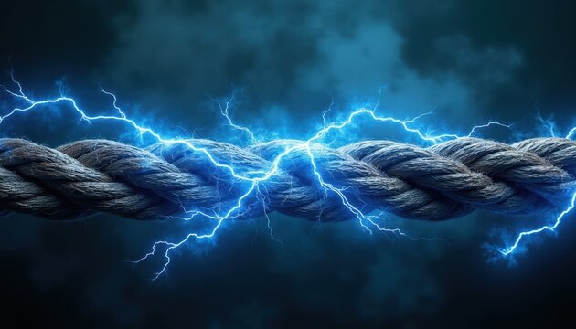 Thick rope with bright blue electric sparks crackling around it. Dark stormy sky background suggests immense power and energy transfer. Symbolizes connection strength or electrical hazard.