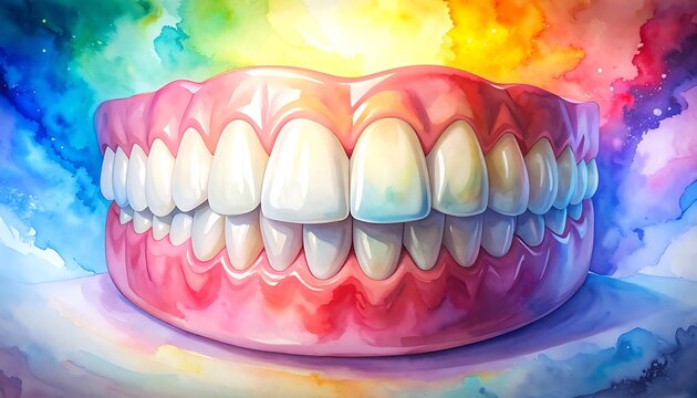 Closeup of full set of dentures with healthy white teeth against a vibrant, colorful, abstract watercolor background, concept for dental care and oral hygiene