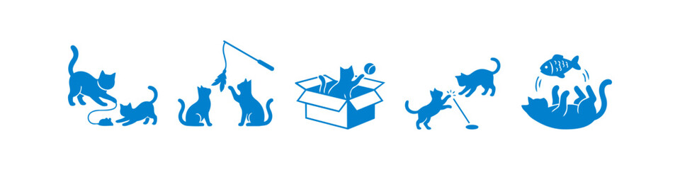 Set of blue cat silhouette icons showing various playful feline activities like playing with a laser, feather toy, mouse, box, and fish, isolated on a white background. © Nort Kor