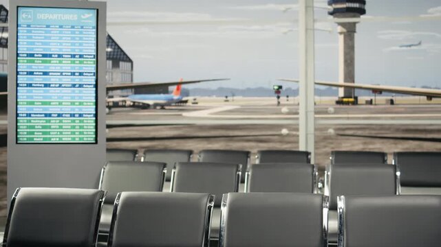 Vacant airport waiting lounge with metal benches and plane runway view on glass windows. Distant control tower in background outside departure hub managing aircraft traffic