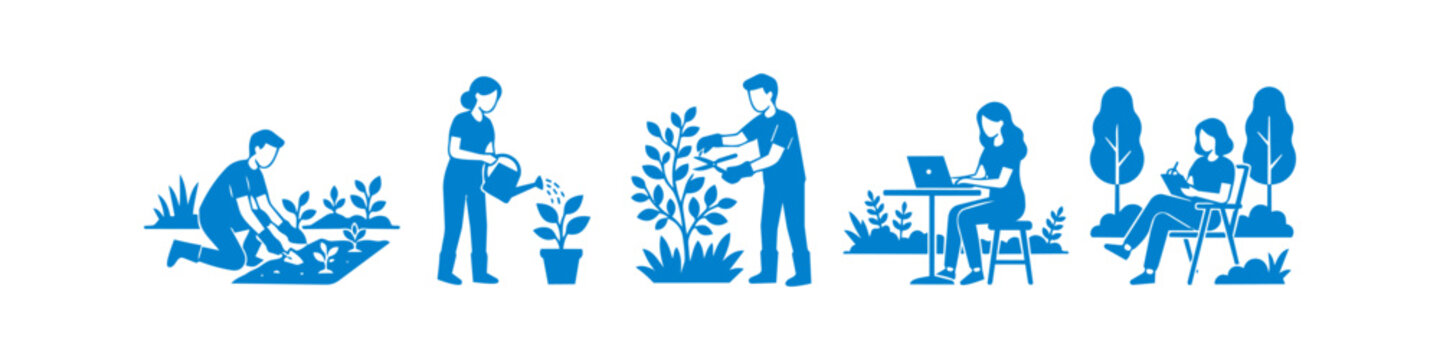 Vector illustration set of people gardening, watering plants, pruning trees, and working remotely in an outdoor setting. Minimalist blue flat icons for nature, lifestyle, and remote work themes.