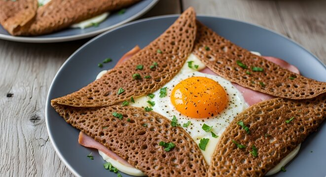 Traditional French buckwheat galette with ham egg and cheese.