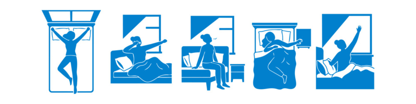 Blue silhouette icons of a woman's morning routine, including waking up, yawning, and stretching in bed. Minimalist vector set for health, wellness, and sleep cycles.