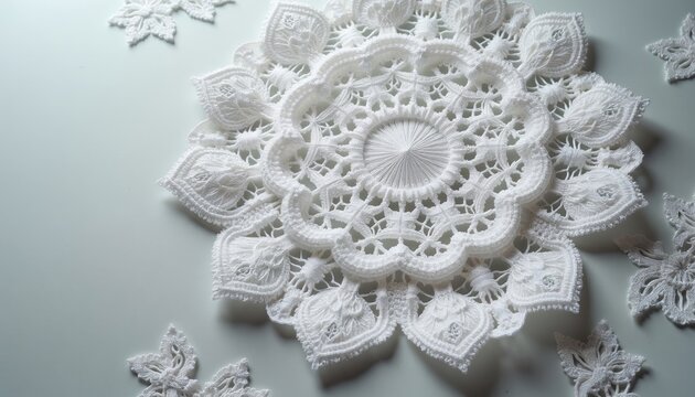 Close-up of white lace doily with intricate floral pattern on light grey background. Delicate circular craft texture. Ornate symmetrical design.