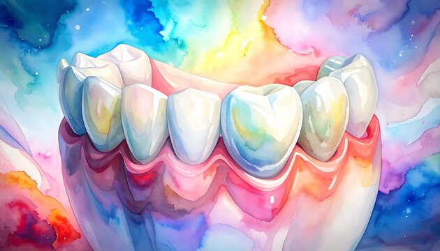 Dental hygiene concept, colorful watercolor background with healthy white teeth, care and wellness for oral health, vibrant and clean smile