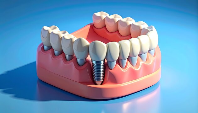 Dental implant replacing a missing tooth in a realistic lower jaw model, showing surgical precision and oral health restoration