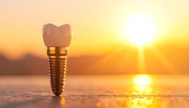 Dental implant with a crown standing proudly against a warm, glowing sunset over the ocean, symbolizing hope and restoration