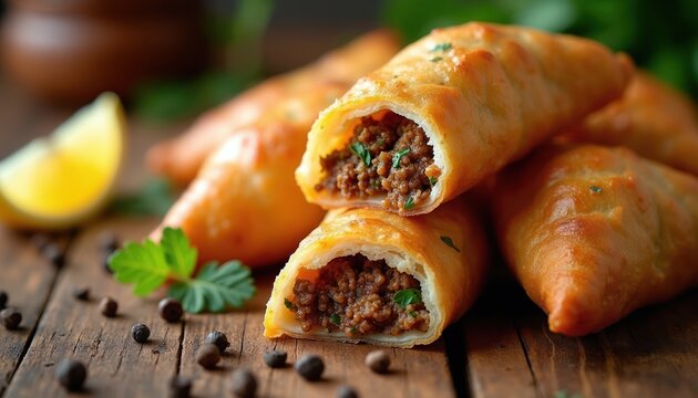 Golden brown chebureki pastry filled with seasoned ground meat. These delicious deep-fried turnovers are served on a rustic wooden table with herbs and spices.