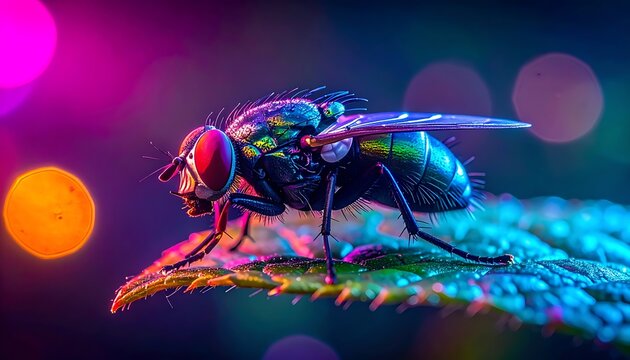 Detailed macro photograph of a metallic green fly with iridescent wings resting on a textured green leaf, illuminated
