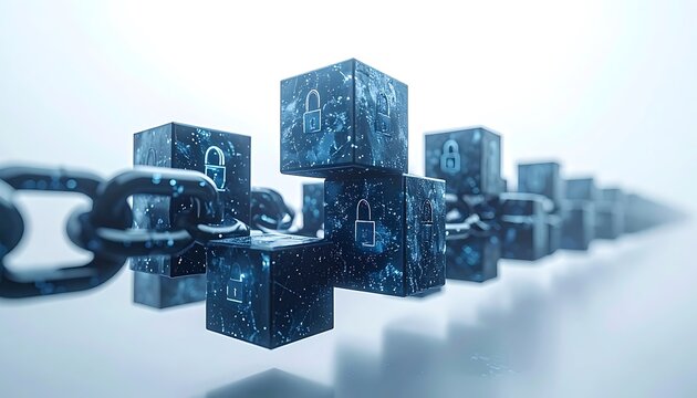 Digital blockchain network nodes interconnected with security locks, representing secure data transfer and decentralized technology in a futuristic, foggy atmosphere