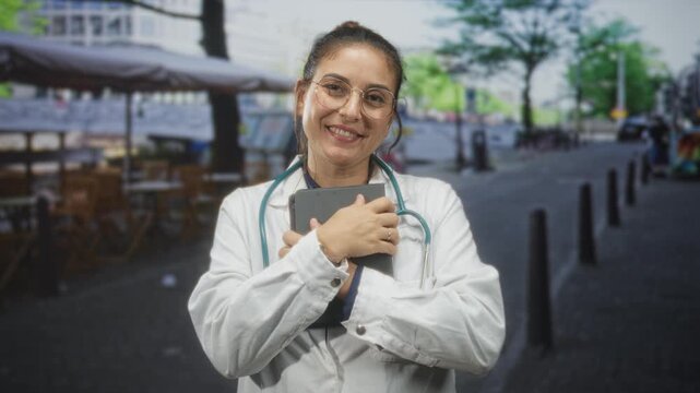 Woman doctor wearing white coat and stethoscope hugs tablet while smiling at camera on a sidewalk street cafe; compassion trust.