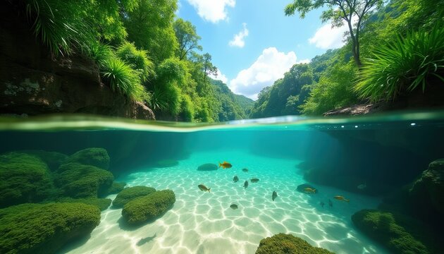Clear shallow river flows through lush green jungle canyon. Underwater view shows sandy bottom, mossy rocks, and small fish swimming. Sunlight filters through trees above.