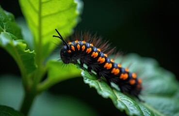 Fototapeta premium Hairy black with orange spots crawls on green leaf. Insect eats plant in nature. Macro view shows details of bug. Life cycle of butterfly starts.