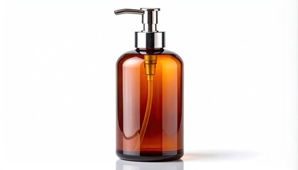 Fototapeta premium Amber pump bottle with silver dispenser on white background