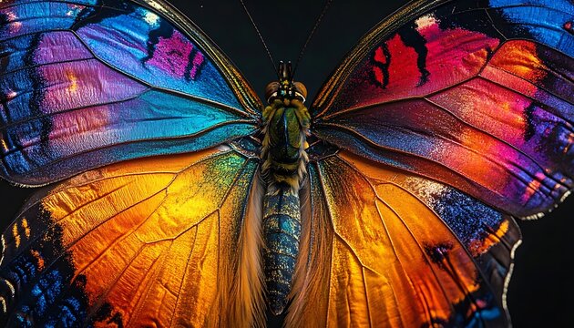 Exquisite iridescent butterfly wings, detailed macro view of vibrant colors, blue, orange, and purple, with intricate patterns and textures, showcasing natural beauty and symmetry.