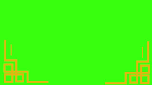 Animated Chinese style golden corner frame on green screen background. Traditional oriental ornament border for video overlay.