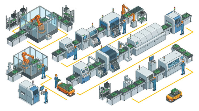 Automated Circuit Board Manufacturing Line with Robotic Arms and Workers