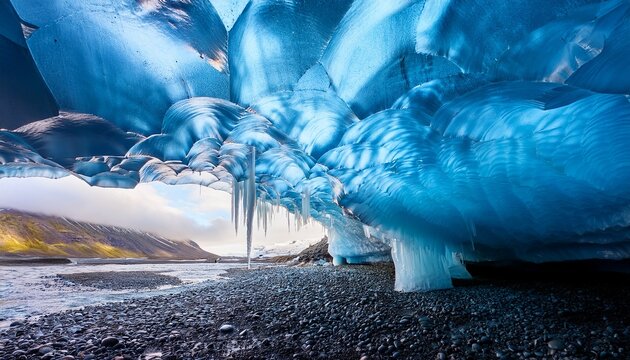 a beautiful landscape inside a large ice cave under an icelandic glacier with stalactite and stalagmites