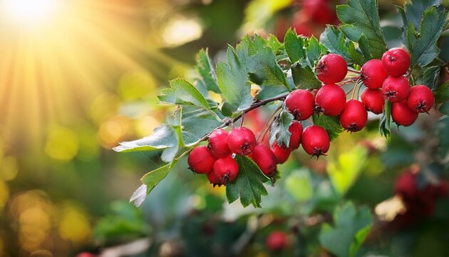 vivid garden scene with bright red hawthorn berries on green branches