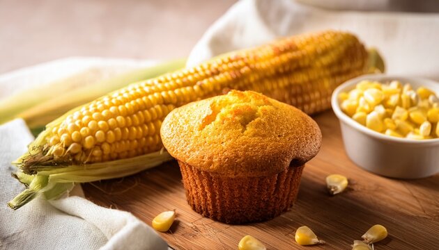 freshly baked cornbread muffin with corn on the cob still life close up studio shot on wooden board with white cloth