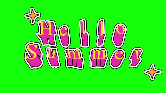 Vibrant hello summer yellow and pink text animation on chroma key green screen background 