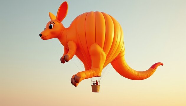 Orange kangaroo shaped hot air balloon floats in clear sky with people inside basket. Travel adventure fantasy flight. Creature vehicle aerial journey. Joyful outbound trip.