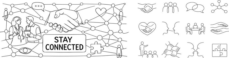 Naklejka premium Business networking and collaboration icons with handshake and connection symbols
