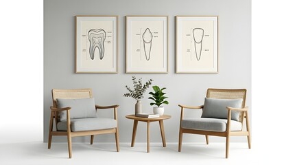 Fototapeta premium Modern dental clinic waiting room, minimalist dentistry office interior with tooth anatomy posters, scandinavian style wooden chairs and decor