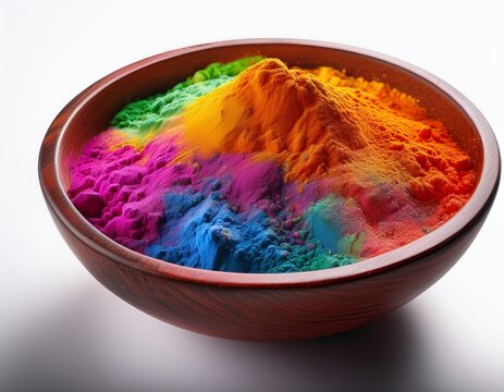 bowl filled with vibrant colored powder for art and creative purposes on a white background isolated on white background