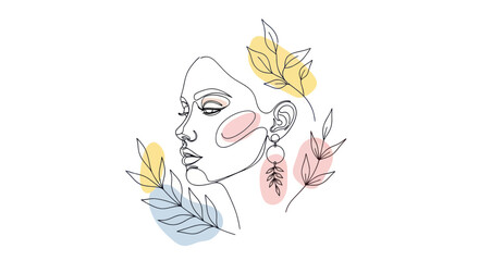 Abstract Woman Face Line Art with Floral Elements and Pastel Colors © Kuning