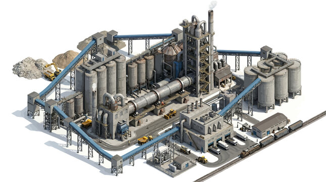 Cement Factory with Conveyor Belts Storage Silos Kiln and Rail Loading Area