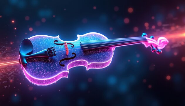 Electric violin glows with neon energy. Futuristic music instrument in abstract digital space. Digital art features vibrant blues pinks purples for modern sound.