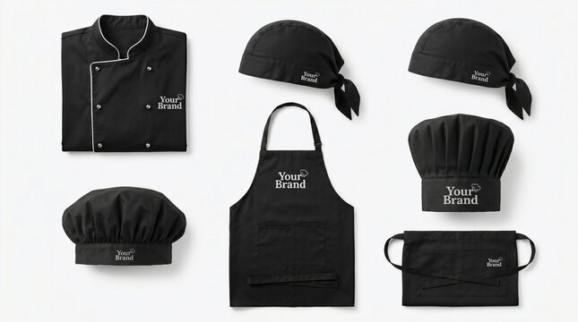 Professional black chef uniform set including jacket, apron, and various hats. Mockup template for restaurant branding with "Your Brand" logo placeholder on white background