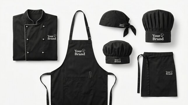 Professional black chef uniform set including jacket, apron, and various hats. Mockup template for restaurant branding with "Your Brand" logo placeholder on white background
